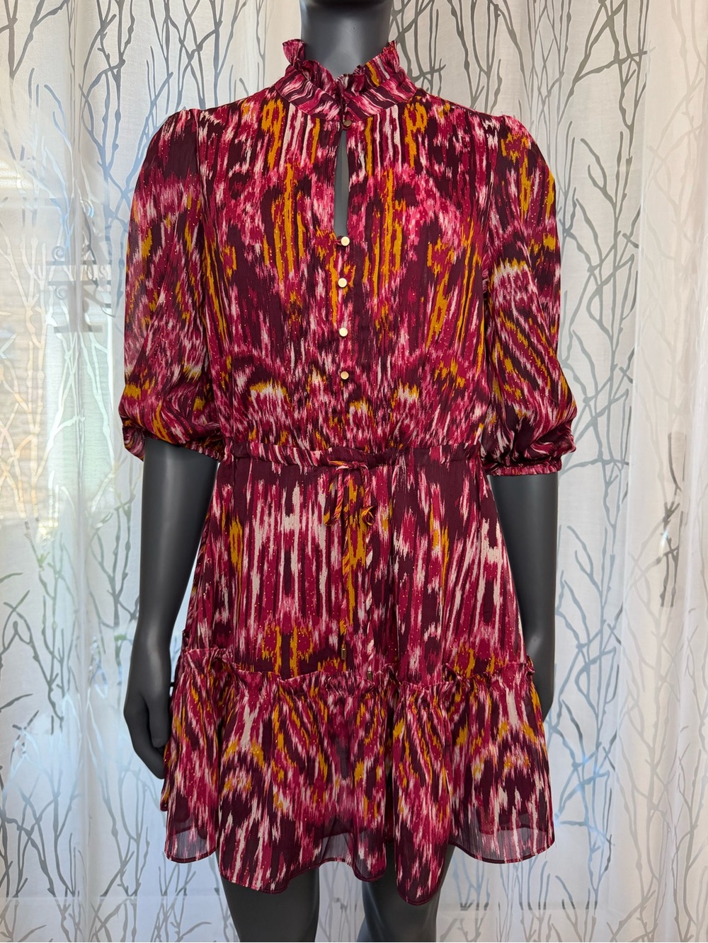 House of Harlow 1960 x Revolve Ikat Metallic Ruffle Mini Dress Burgundy Size 10